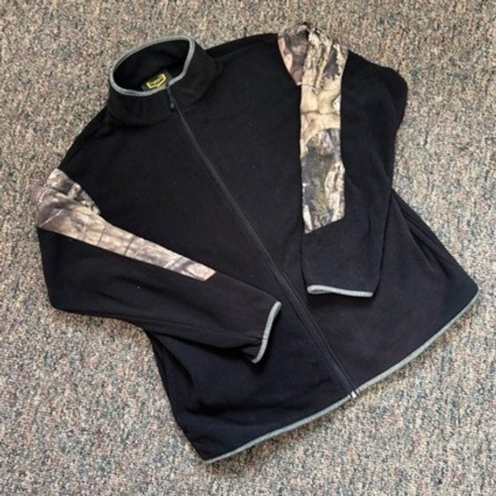 Vintage Y2K Yukon‎ Gear Men's Fleece Jacket Black Camo Sleeve Full Zip Size L